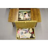 Sewing Boxes and Sewing Requisites: 20th cent. Beech table with middle compartment and a stool (2)