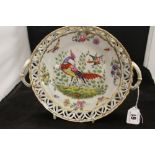 19th cent. Ceramics: Continental Chelsea/Worcester copy circular two handled bon-bon dish. Pierced