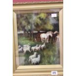 20th cent. English School: Oil on board 'ponies and sheep', monogrammed and dated bottom right.
