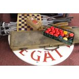 Sport & Games: Chess board (Beech), chess men set of resin snooker balls, jugglers clubs, a