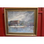 Edward Callam (R.IOP) 1904-1980, oil on board "Waterfront Storm" abstract, signed lower right,