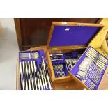 Flatware: Oak cased cutlery set, 3 trays. (not complete).