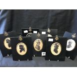 19th cent. Silhouettes papier mâché framed of ladies and gentlemen in period dress x 6, plus 1 x
