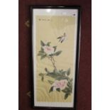 Oriental: Painting on silk of exotic flower and birds signed and with a seal stamp 13ins. x 31½ins.