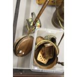 Brass and Copperware: 20th cent. Bedpan plus a miniature version, a helmet coal Barge ware lamp,