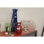 20th cent. Glassware: Cut glass basket, fluted basket, ruby glass jug, bon bon comport with white