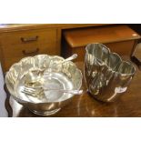 Metalware: Portuguese pewter salad bowl and utensils, and a serving spoon warmer.