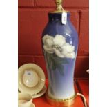 20th cent. Ceramics: Royal Copenhagen vase/lamp pale blue ground with white peonies and polished
