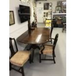 19th cent. Mahogany D end dining table with one leaf and "Lyre" back dining chairs with Fleur de Lys