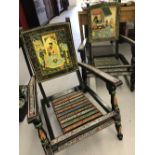 20th cent. Painted folding conservatory chairs, decoration in the Moghul/Indian style. A pair.