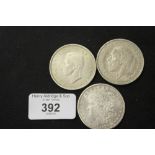 Silver Coins: George V Crown 1935, George VI Crown 1937, American Morgan Dollar 1878, San