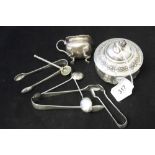 Hallmarked Silver: Repousse pot & cover, salt, 3 pairs sugar tongs, 3 misc. spoons. Approx. 7ozs.