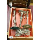Plated Ware: Quantity of flatware & three ornate candlesticks.