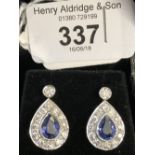 Sapphire & diamond pear shaped earrings, white gold set tests 18ct.