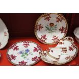 19th cent. Ceramics: Coalport part dessert set, gilt and deep pink border of swags and flowers,