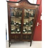 20th cent. Mahogany display cabinet, glazed twin doors with panels beneath painted decoration 36ins.