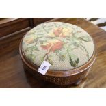 19th cent. Walnut circular footstool Tunbridge ware style decoration, upholstered tapestry work top,