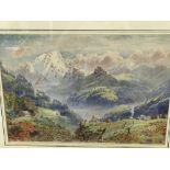 Charles Jones Way 1859-1919 watercolour "Alpine Village", signed lower right. Framed and glazed 17¾