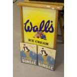 Advertising: Wall's ice cream beech framed, double sided advertisement. Printed images on tin and