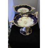 19th cent. English Porcelain Tazza, dark blue borders, gilt edge in releaf, central floral