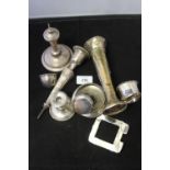 Hallmarked Silver: Candlesticks, napkin rings, etc. All a/f.