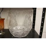 Early 20th cent. Crystal vases, wheel cut pattern. 13ins. Oval bowl 11¼ins at it's widest point.