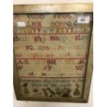 Early 19th cent. Sampler with alphabet and biblical verse, framed and glazed, 11ins. x 14ins.