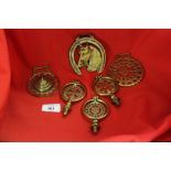 Late 19th cent. Heavy Horse Show brasses plus 3 swingers with pierced decoration.