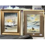 Linda Anne: Watercolours "Seascape and Butterflies" initialled, framed and glazed 9½ins. x 13½