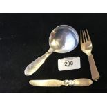 Silver: George Jensen sterling silver luncheon/pickle knife and fork, plus a George Jensen stainless