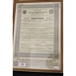 Russian Share/Bond Certificate (1913) for Black Sea Railway Company, framed and glazed. 15½ins x