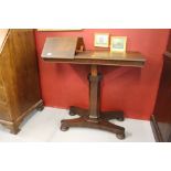 19th cent. Mahogany adjustable reading table, single pedestal on quadrapedic supports. Height