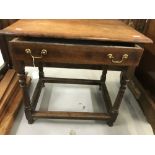 18th cent. Oak side table, peg jointed, turned supports, single drawer. 31¼ins x 31ins x 24½ins.