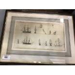 Charles William Day 1818-1859 pen, black ink "Thames 1831 Man-O-War and 3 Thames Craft" framed and