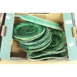 Early 20th cent. Ceramics: Unmarked Majolica vine leaf plates (10) and two handled serving dishes