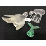 20th cent. French glass: Lalique green butterfly sculpture, sparrow wings out, bird sculpture, and