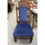 19th cent. Mahogany upholstered chair, Carolean style with barley twist columns and stretcher with