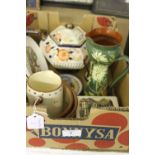 20th cent. Ceramics: Motto ware, two porridge dishes, Mousehole jug, chamberstick vase, Imari