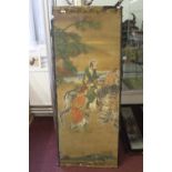 19th cent Painted single panel on linen depicting lakeside hunters, mounted and on foot. 62ins. 23½