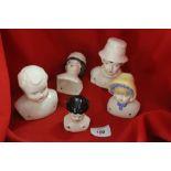 Ceramics: 20th cent. Half dolls including girl in bonnet, baby, flapper girl etc, 5 heads.