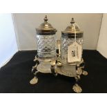 Hallmarked Silver: Condiment set, incomplete, various hallmarks with two cut glass jars for pepper