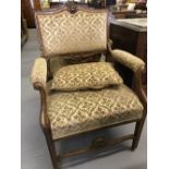 19th cent. French walnut elbow chairs, carved and shaped cresting rail, upholstered back, arm and