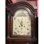 Clocks: 19th cent Mahogany long case 8 day clock. Painted arch dial, Roman numerals. Seconds hand at