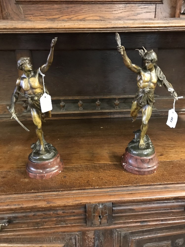 19th/20th cent. Bronze Statuettes: After E Picault "Victoria!" and "Opima Spolia", both signed lower