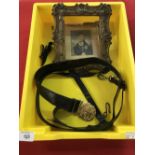 Military: Royal Navy black leather sword belt with gilt brass buckle plus a Baxter print of Nelson