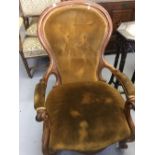 19th cent. Walnut frame, gent's button back chair, serpentine front & supports rising off ceramic
