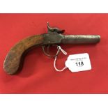 19th cent. Weapons: Percussion pocket pistol, round barrel, Belgium proof marks. 2½ins barrel. 6¾ins