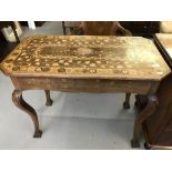 18th cent. Exotic wood continental salon table with intricate fruitwood inlays to all facets and