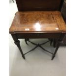 19th cent. Burr walnut work box, lift up lid, turned supports and strechers, rising off ceramic