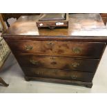18th cent. Mahogany chest of three drawers, with brass furniture, on swept brackets.